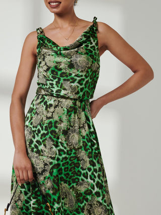 Clarissa Satin Draped Cowl Neck Dress, Green Animal