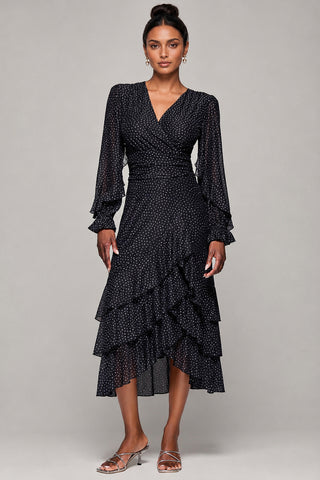 Frill Detail Mesh Maxi Dress, Black Spot