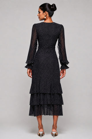 Frill Detail Mesh Maxi Dress, Black Spot