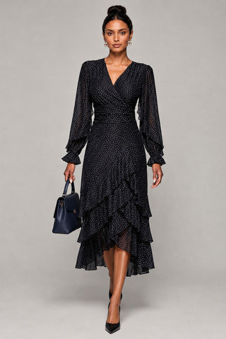 Frill Detail Mesh Maxi Dress, Black Spot