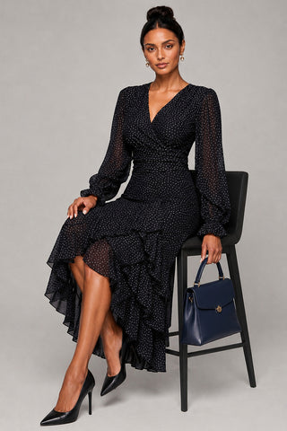 Frill Detail Mesh Maxi Dress, Black Spot