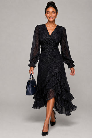 Frill Detail Mesh Maxi Dress, Black Spot