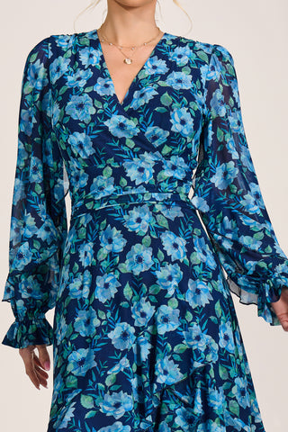 Frill Detail Mesh Maxi Dress, Blue Floral