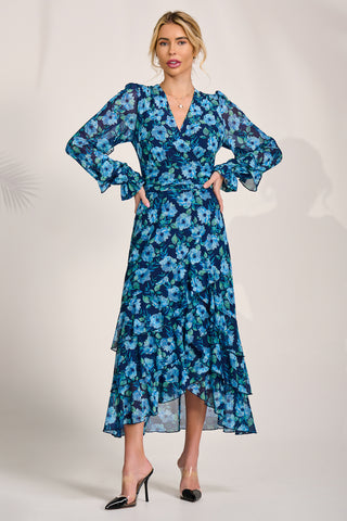 Frill Detail Mesh Maxi Dress, Blue Floral