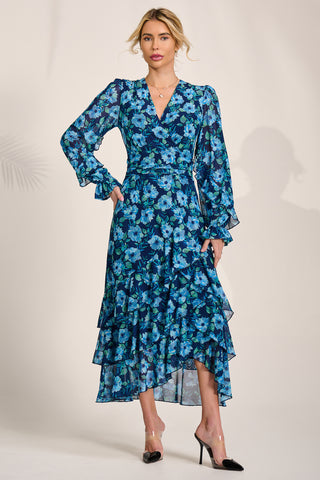 Frill Detail Mesh Maxi Dress, Blue Floral