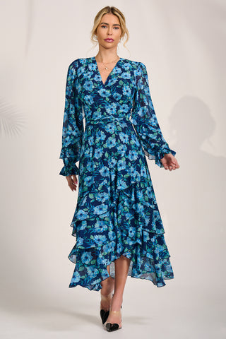 Frill Detail Mesh Maxi Dress, Blue Floral