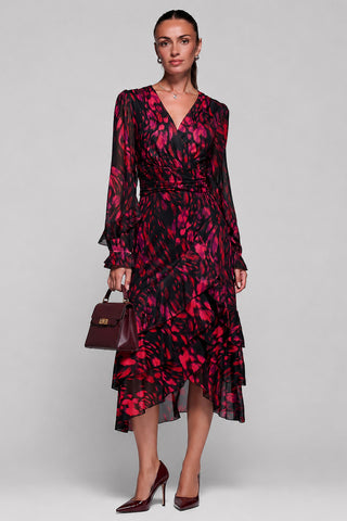 Frill Detail Mesh Maxi Dress, Red Abstract