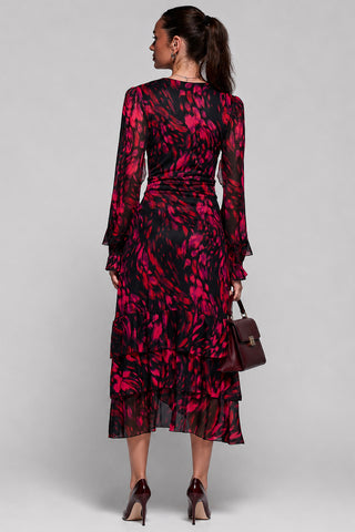 Frill Detail Mesh Maxi Dress, Red Abstract
