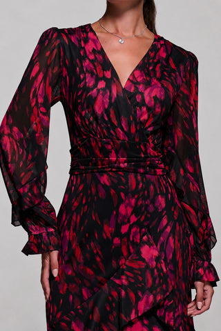 Frill Detail Mesh Maxi Dress, Red Abstract