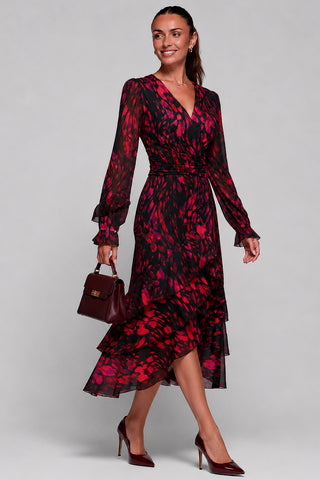 Frill Detail Mesh Maxi Dress, Red Abstract