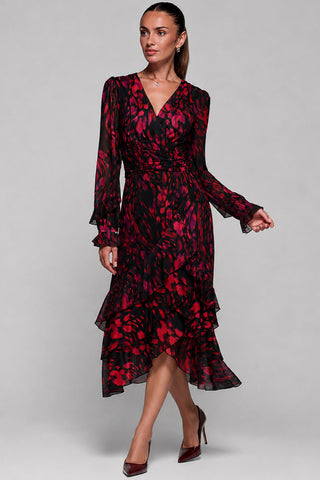 Frill Detail Mesh Maxi Dress, Red Abstract