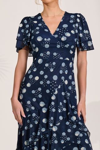 Angel Sleeve Mesh Midaxi Dress, Navy Spot