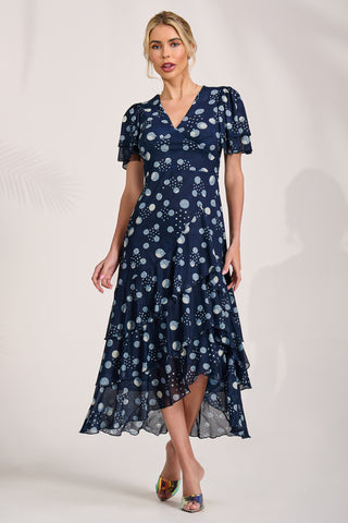 Angel Sleeve Mesh Midaxi Dress, Navy Spot