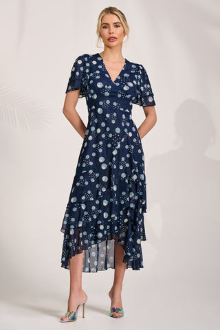 Angel Sleeve Mesh Midaxi Dress, Navy Spot