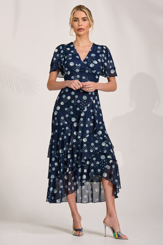 Angel Sleeve Mesh Midaxi Dress, Navy Spot