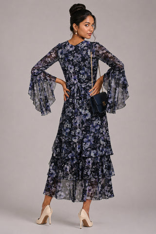 Tiered Mesh Midaxi Dress, Black Floral