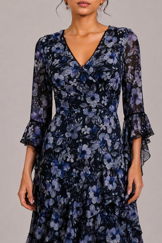 Tiered Mesh Midaxi Dress, Black Floral