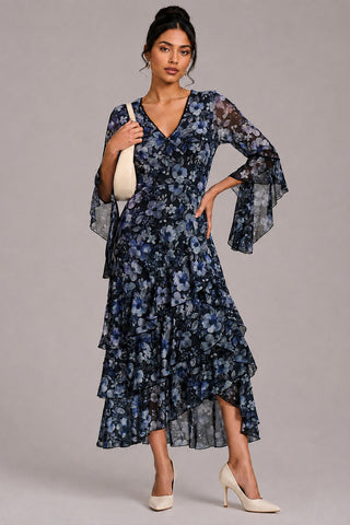 Tiered Mesh Midaxi Dress, Black Floral