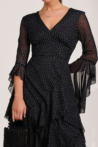 Tiered Mesh Midaxi Dress, Black Spot