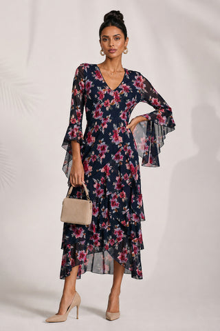 Tiered Mesh Midaxi Dress, Navy Floral