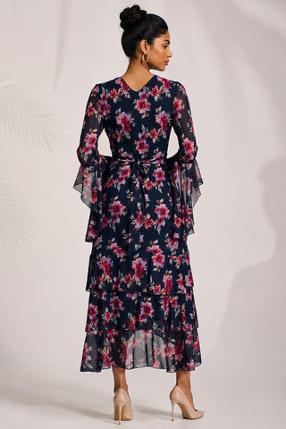 Tiered Mesh Midaxi Dress, Navy Floral