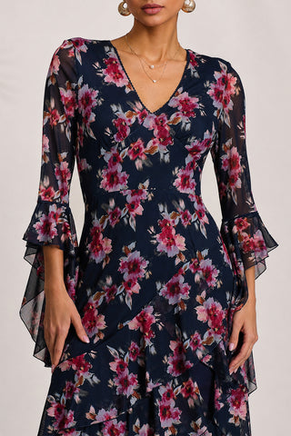 Tiered Mesh Midaxi Dress, Navy Floral