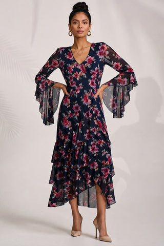 Tiered Mesh Midaxi Dress, Navy Floral