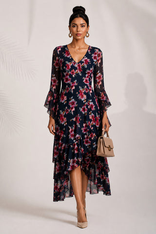 Tiered Mesh Midaxi Dress, Navy Floral