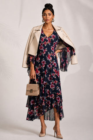 Tiered Mesh Midaxi Dress, Navy Floral