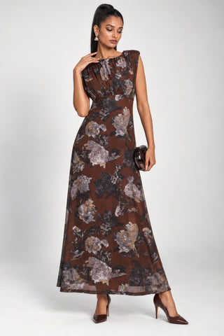 Slash Neck Mesh Maxi Dress, Brown Abstract