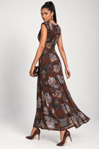 Slash Neck Mesh Maxi Dress, Brown Abstract