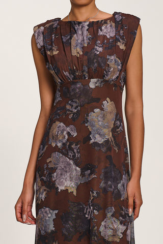 Slash Neck Mesh Maxi Dress, Brown Abstract