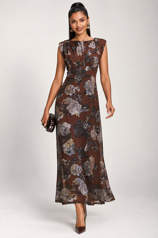 Slash Neck Mesh Maxi Dress, Brown Abstract