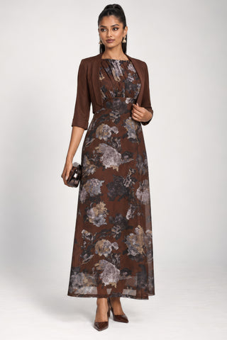 Slash Neck Mesh Maxi Dress, Brown Abstract
