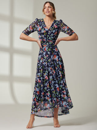 Gavina Ruched Sleeve Mesh Maxi Dress, Navy Floral