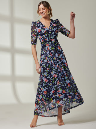 Gavina Ruched Sleeve Mesh Maxi Dress, Navy Floral