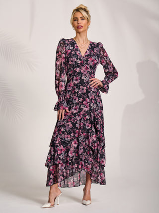 Ruffle Hem Mesh Maxi Dress, Black Pink Floral