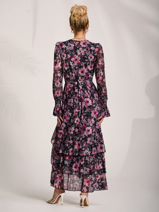 Ruffle Hem Mesh Maxi Dress, Black Pink Floral