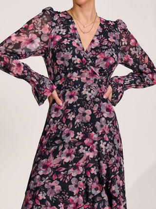 Ruffle Hem Mesh Maxi Dress, Black Pink Floral