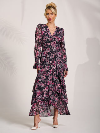 Ruffle Hem Mesh Maxi Dress, Black Pink Floral
