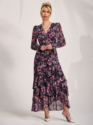 Ruffle Hem Mesh Maxi Dress, Black Pink Floral