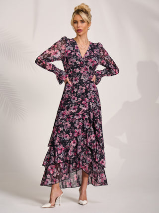 Ruffle Hem Mesh Maxi Dress, Black Pink Floral