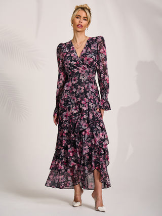 Ruffle Hem Mesh Maxi Dress, Black Pink Floral