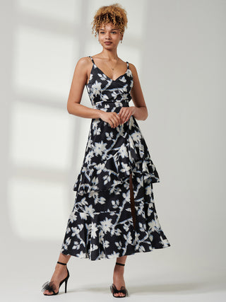 Spaghetti Strap Satin Maxi Dress, Black Floral