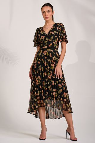 Chiffon Angel Sleeve Midaxi Dress, Black Floral