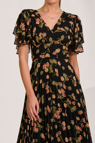 Chiffon Angel Sleeve Midaxi Dress, Black Floral