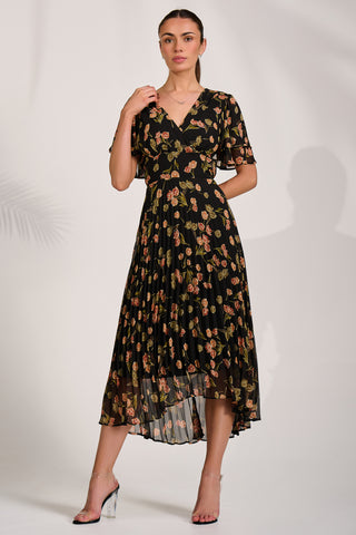 Chiffon Angel Sleeve Midaxi Dress, Black Floral