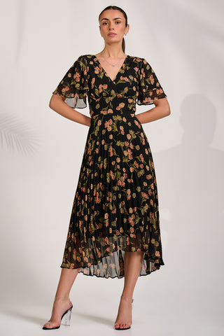 Chiffon Angel Sleeve Midaxi Dress, Black Floral
