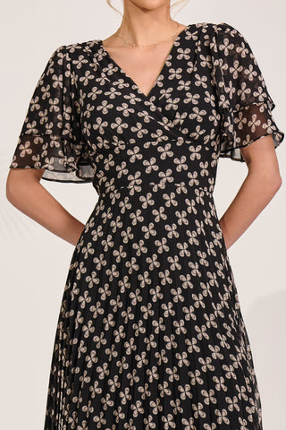 Chiffon Angel Sleeve Midaxi Dress, Black Geo
