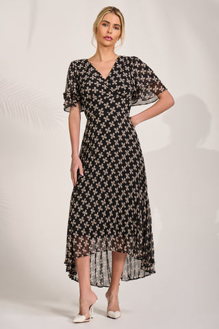 Chiffon Angel Sleeve Midaxi Dress, Black Geo